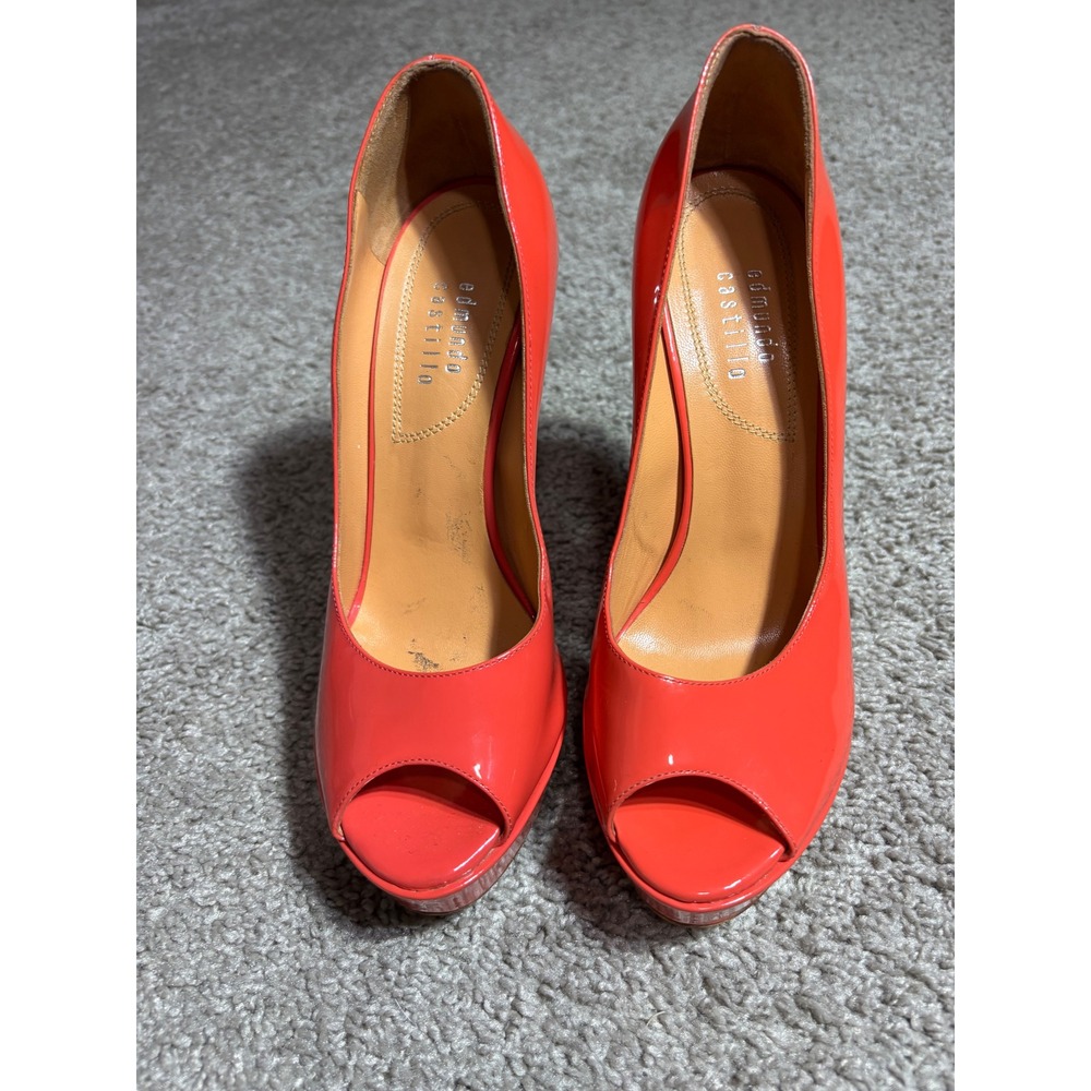 Edmundo Castillo Coral Orange Patent Leather Peep Toe Platform Pumps Heels 37‎